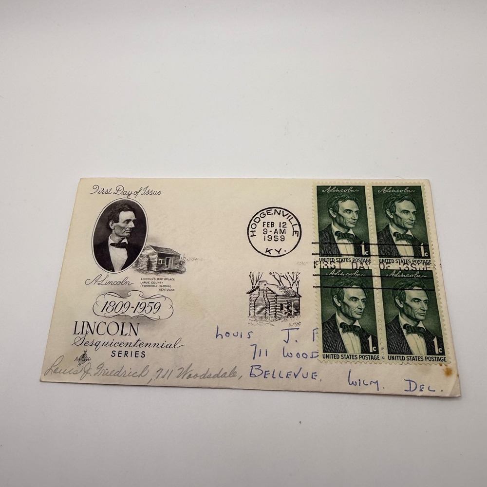 1959 ArtCraft Abraham Lincoln Sesquicentennial First Day Cover Hodgenville KY
